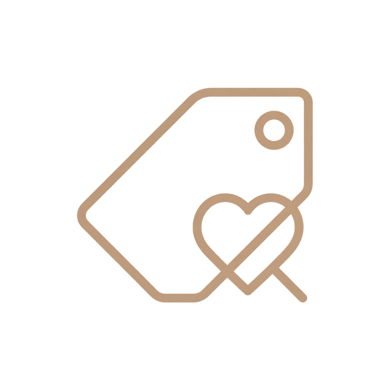 A minimalist brown line icon of a price tag with a heart, centered on a solid white background.