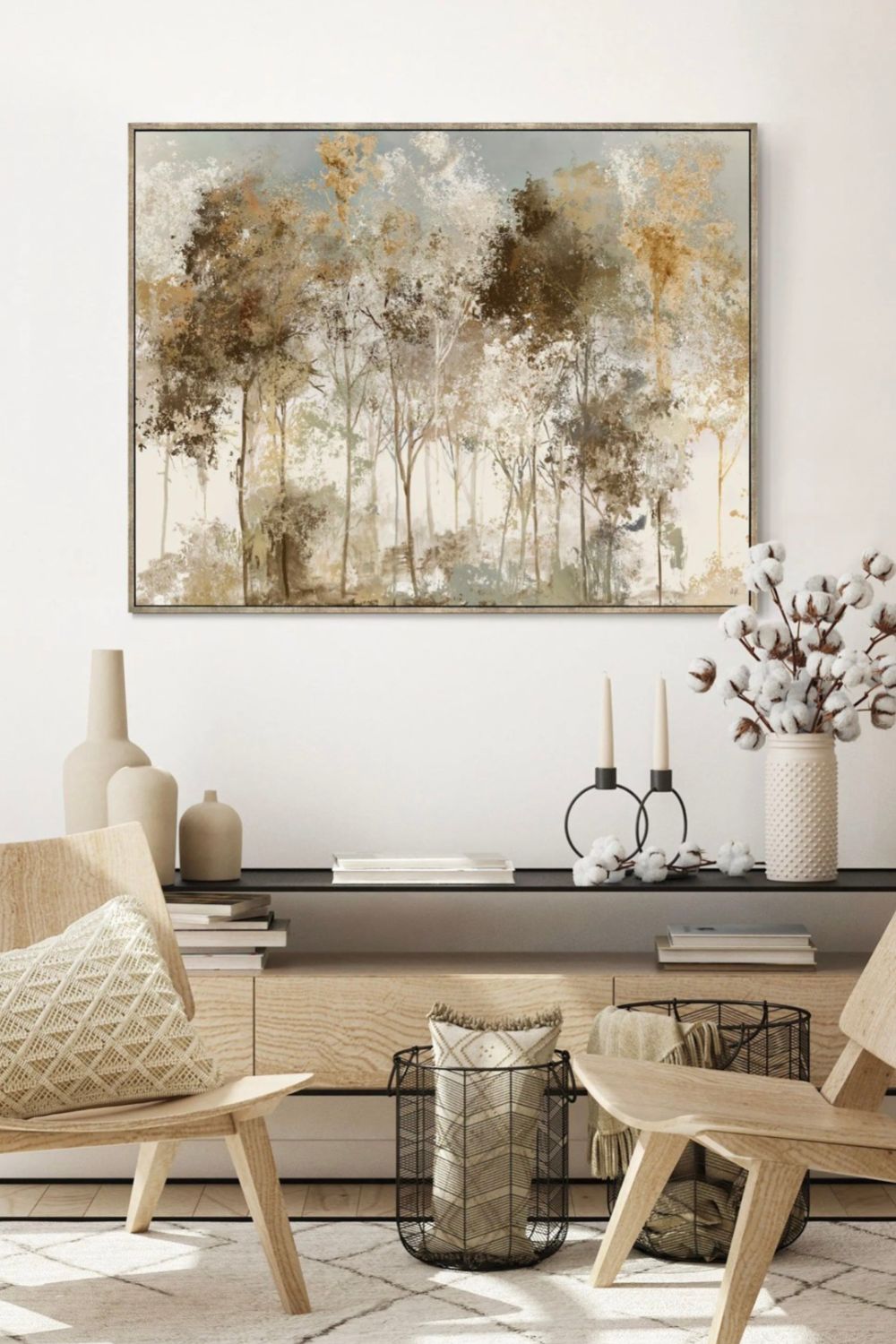 Modern living room with abstract wall art, wooden furniture, and decorative items.