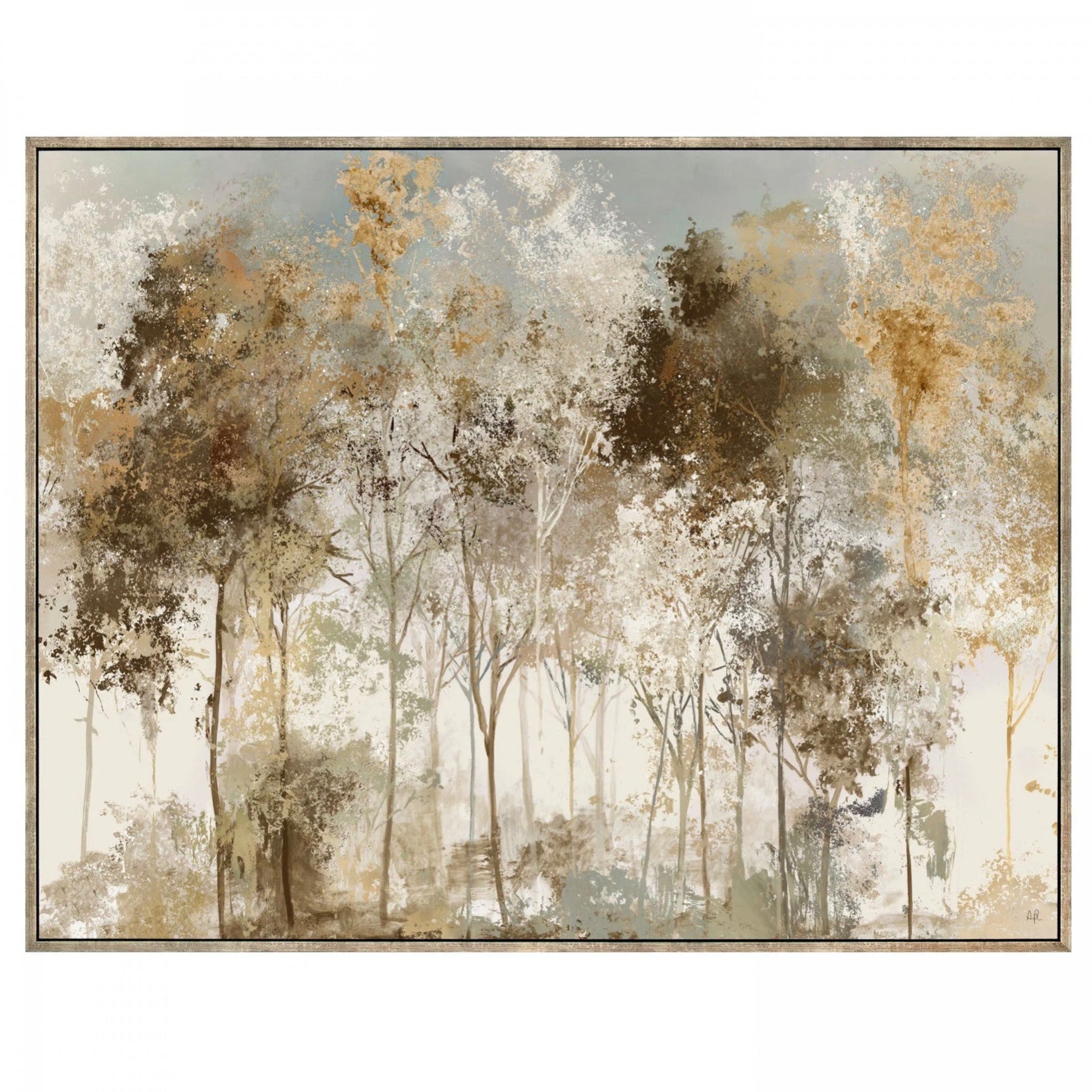 Framed artwork of a forest scene with trees in brown and beige tones on a white background.