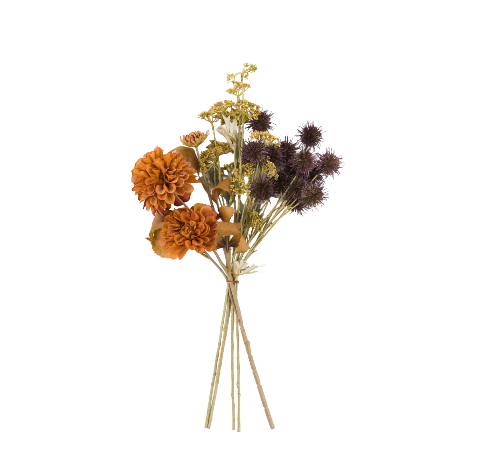 Bouquet of dried flowers with orange and brown tones on a white background