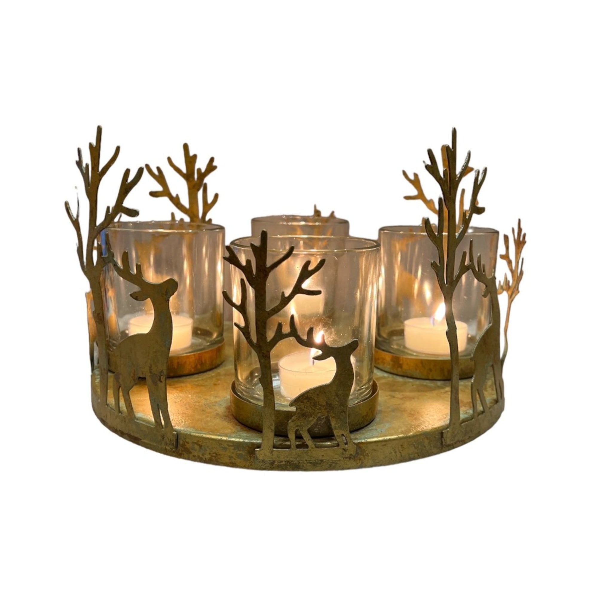 Decorative candle holder with deer and tree designs on a white background