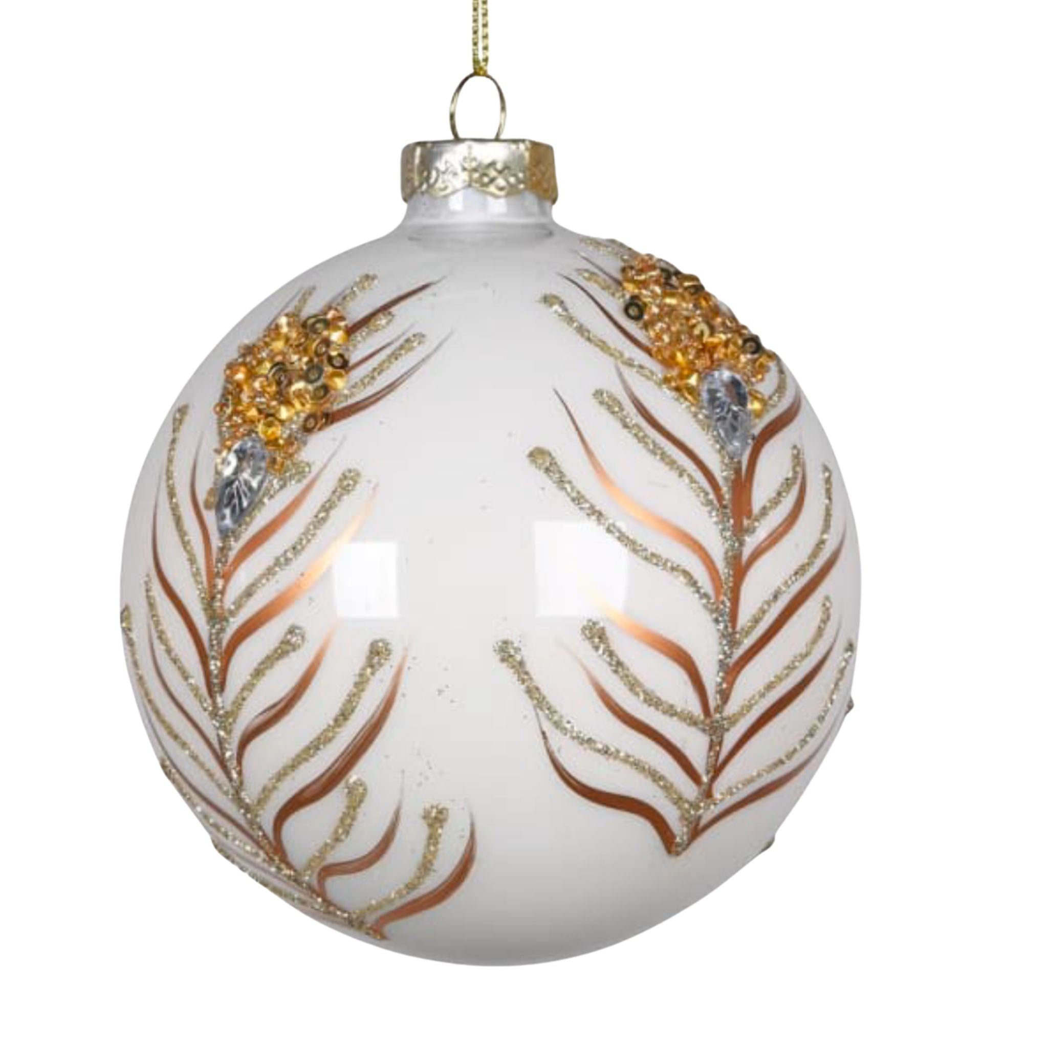 A whimsical bauble with translucent ghost effect, shimmering glitter and soft feathers