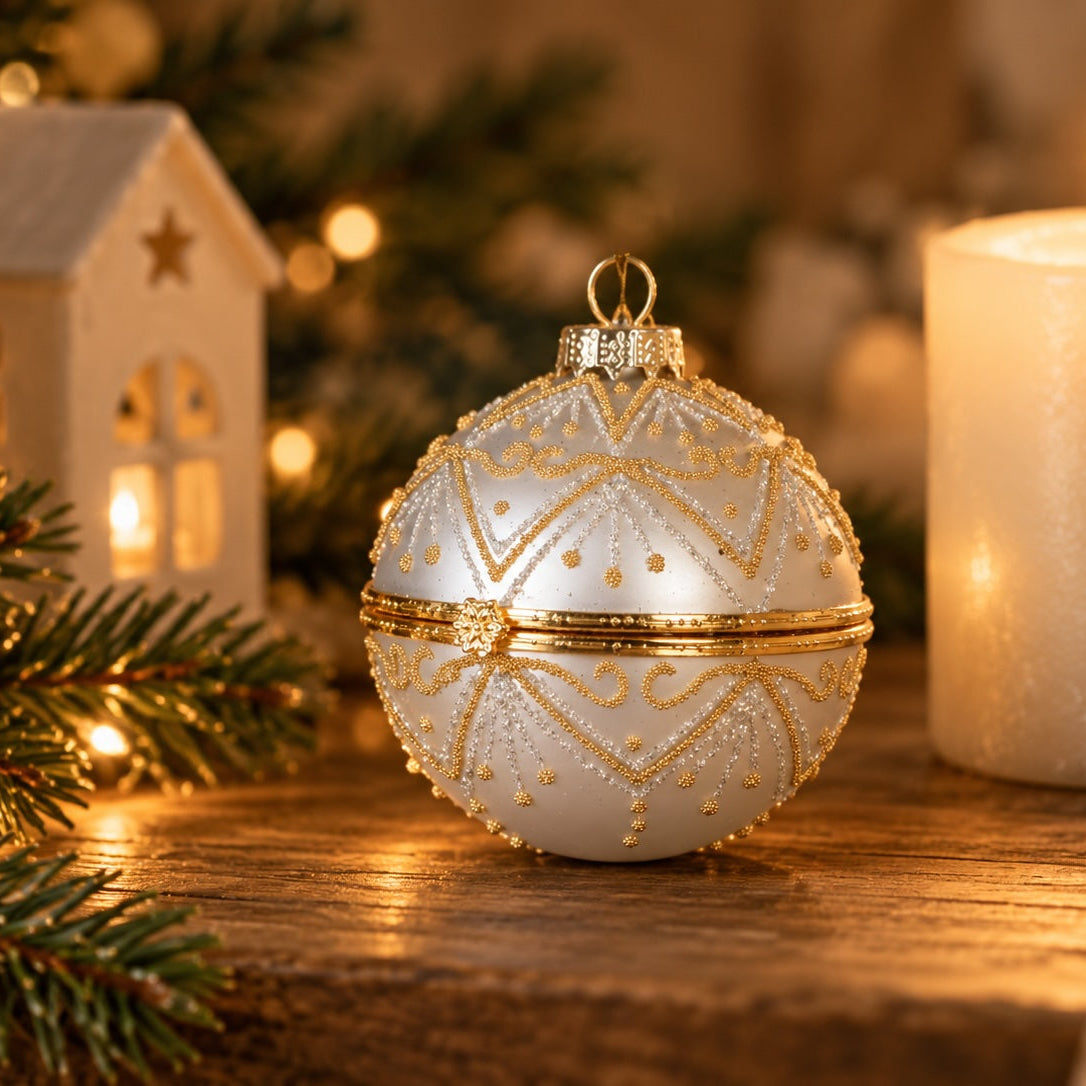 A white Christmas ornament with gold glitter patterns sits on a wooden surface next to a lit candle, evergreen branches, and a small house decoration.
