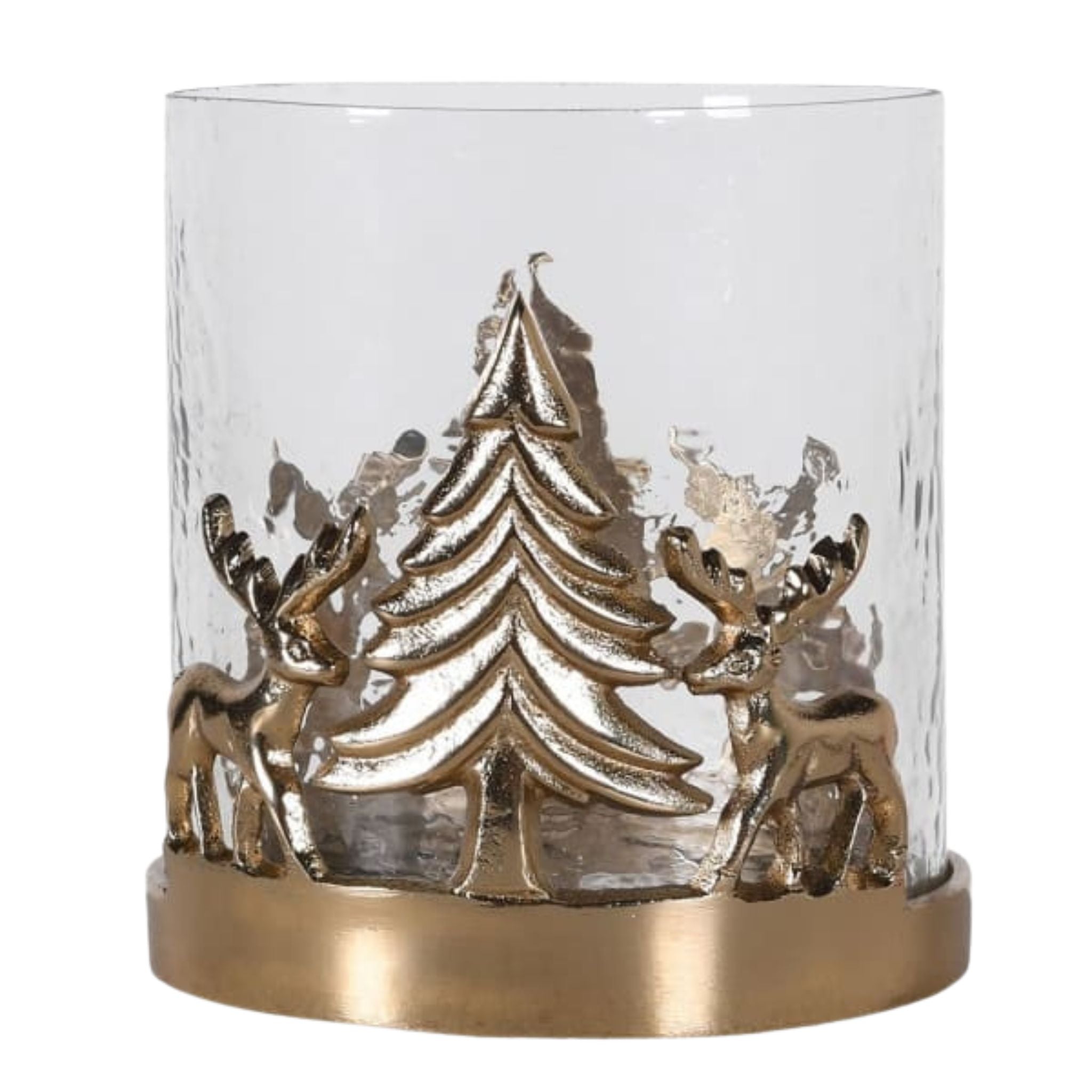 Decorative candle holder with gold Christmas tree and reindeer design on a white background