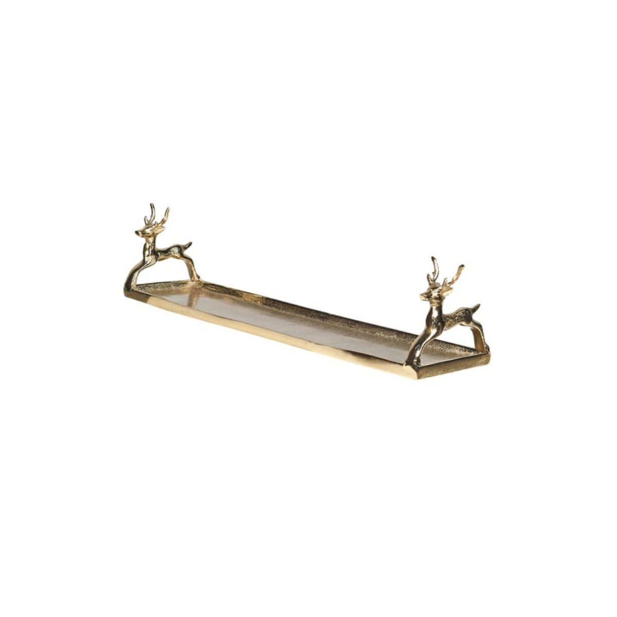 a long tray in brass featuring a standing stag on either end.