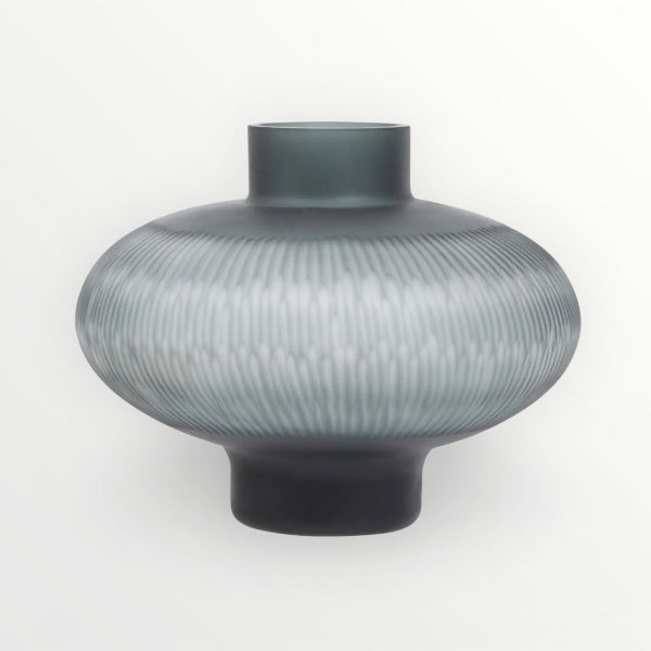 Gray squat cut glass vase on a white background, Elm & Grey.