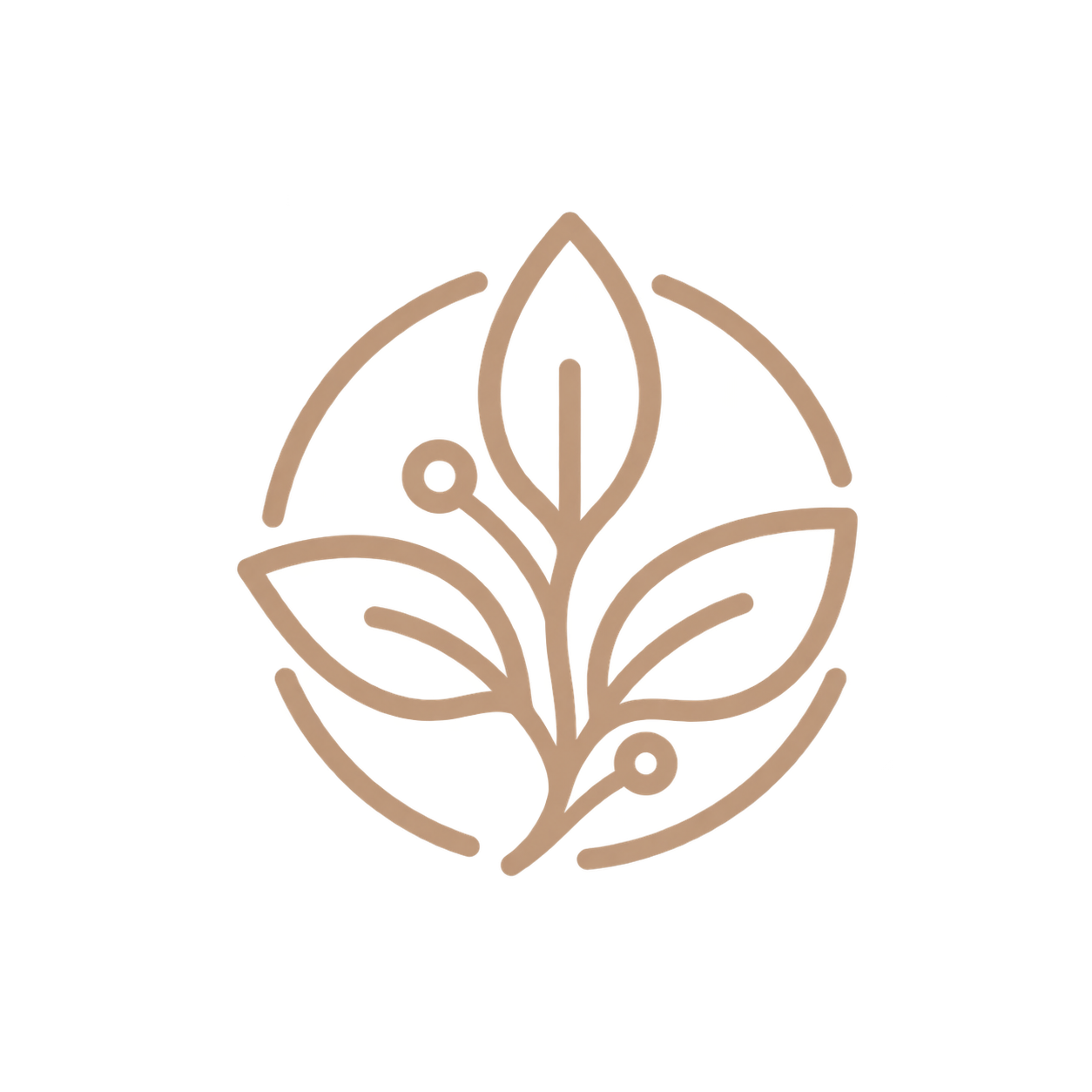 A minimalist brown line icon depicting a leafy plant enclosed in a circular frame, centered on a solid white background.