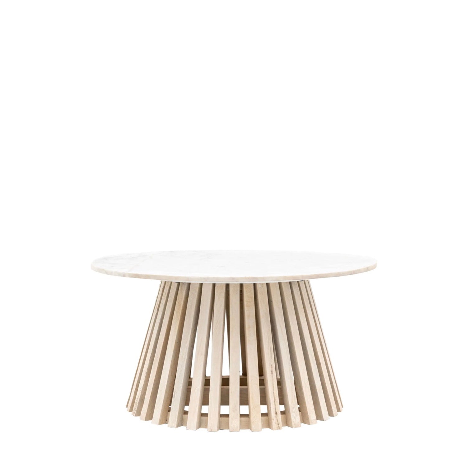 Round white marble table with a wooden base on a white background