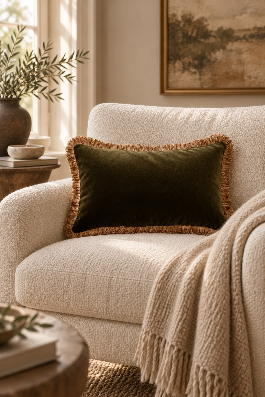 Juniper Green Velvet Lumbar Cushion with Gold Fringe – 30 × 50cm