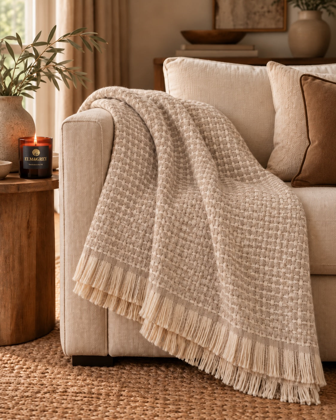 Latte and cream geometric woven throw with fringed edge styled over a neutral sofa