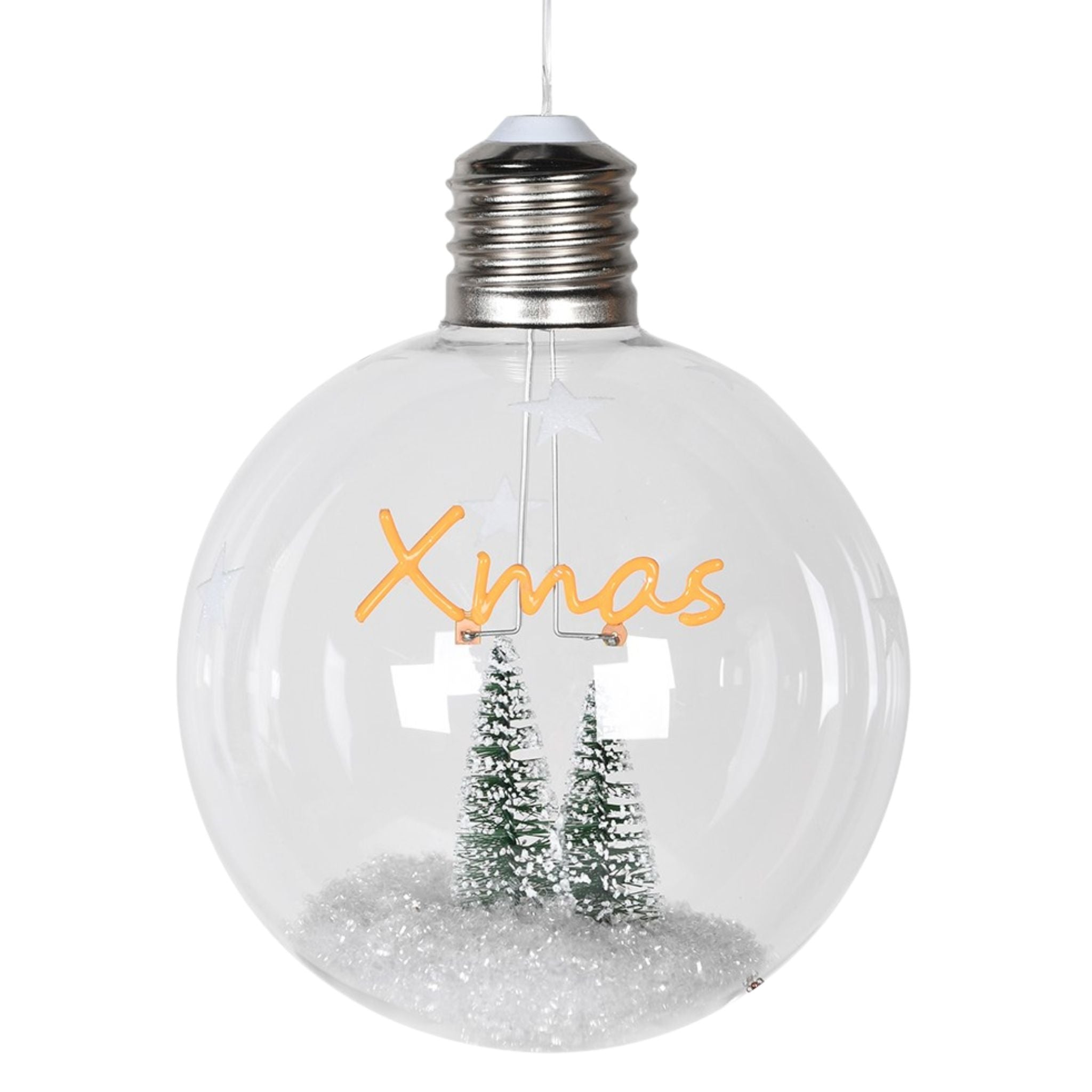 A delicate illuminated glass bauble showcasing a Christmas tree