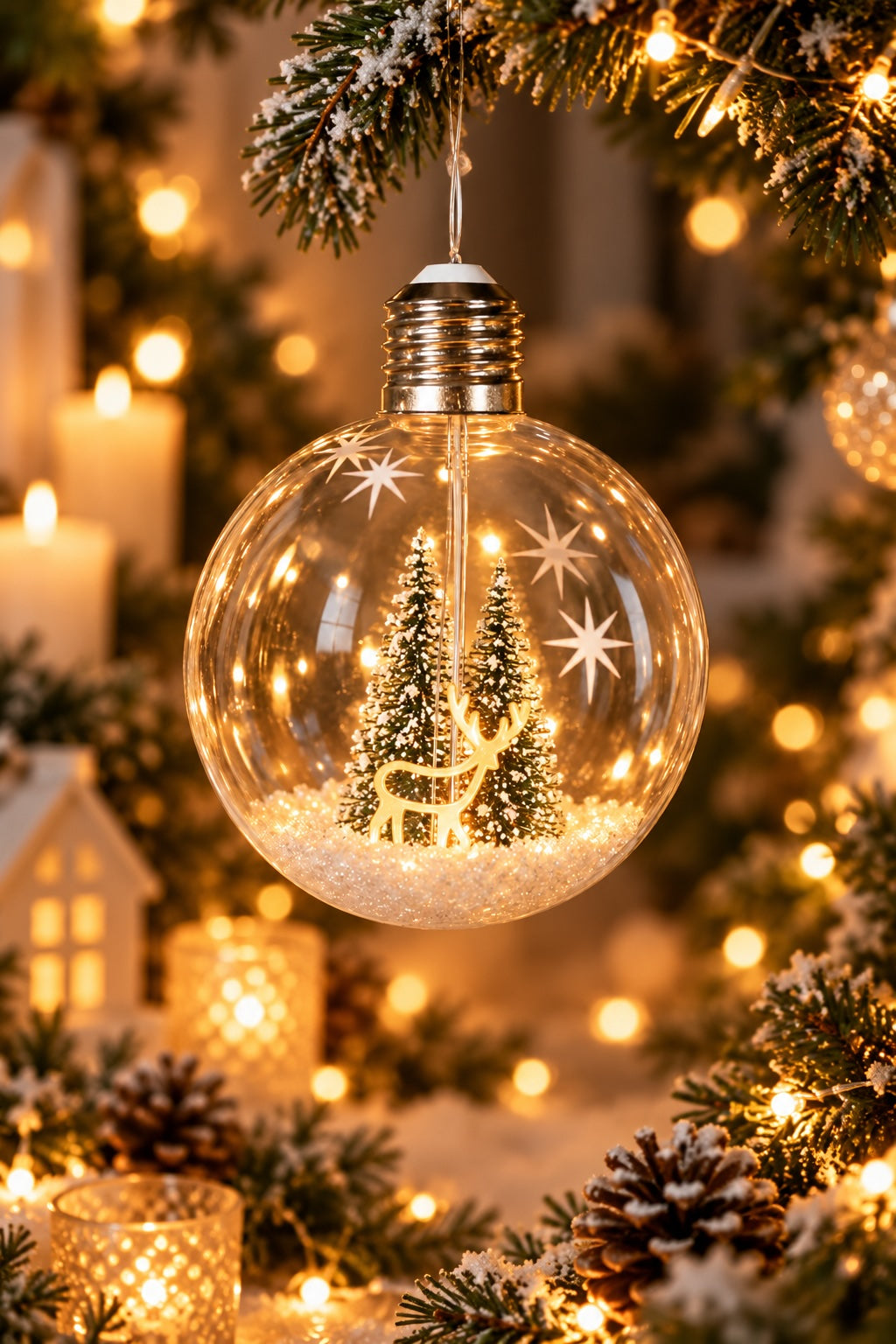 Illuminated Christmas forest and deer glass bauble styled in a festive display
