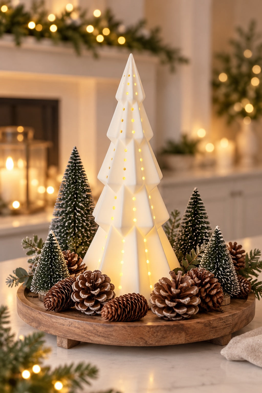 A festive Christmas tabletop centerpiece featuring a tall white faceted tree with warm glowing lights, surrounded by smaller green pine trees, pinecones, and eucalyptus in a round wooden tray, set against a softly blurred holiday interior background.