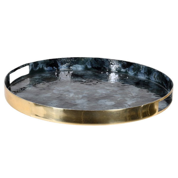 Luxury blue green and gold round serving tray, side view. Elm & Grey.