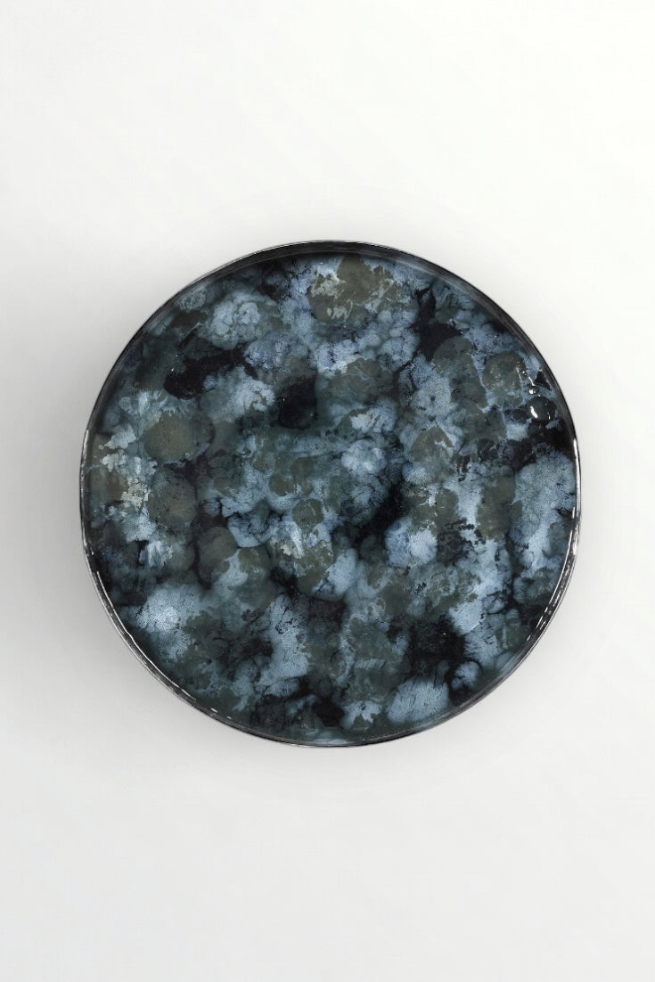 Blue, green and gold marbled effect tray on a white background. Elm & Grey.