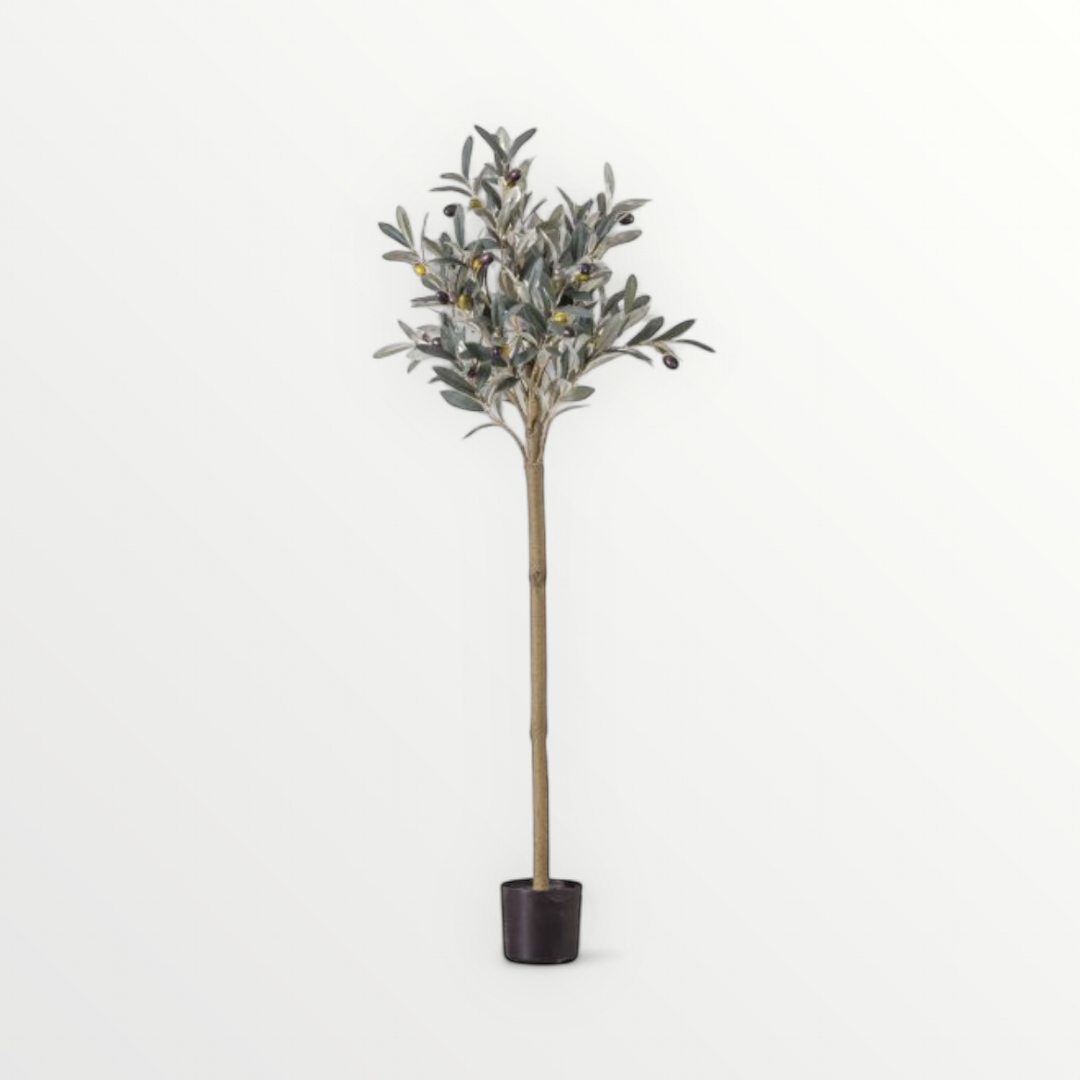 A medium-sized artificial olive tree in a black pot, with lifelike green leaves and a slender profile.