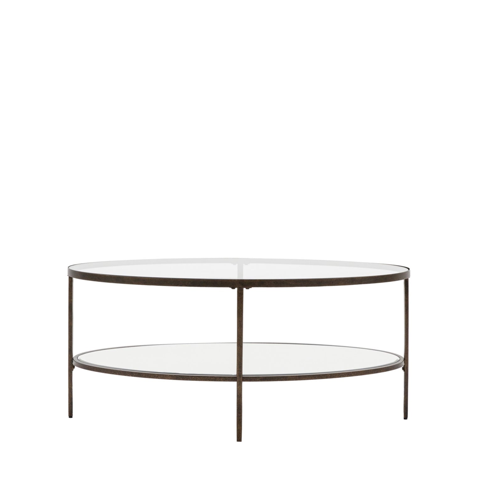 Oval glass coffee table with bronze metal frame on a white background