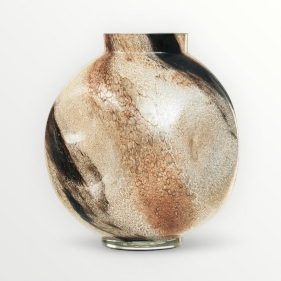 Decorative mocha swirl glass vase with a marbled design on a white background