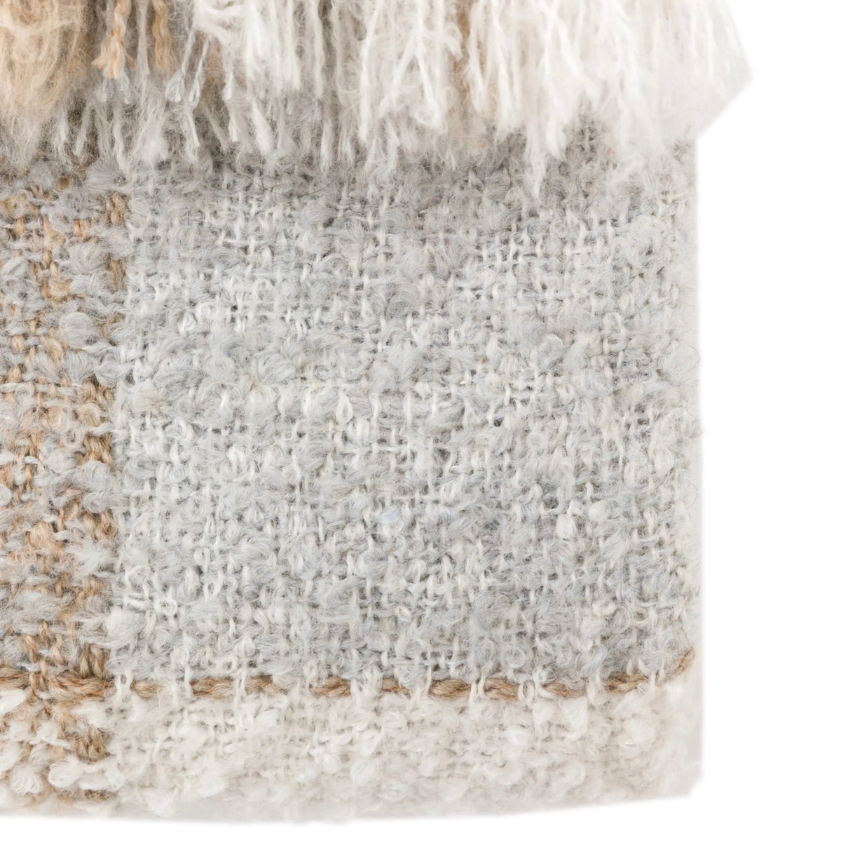 Close-up of a textured fabric with fringes on a white background