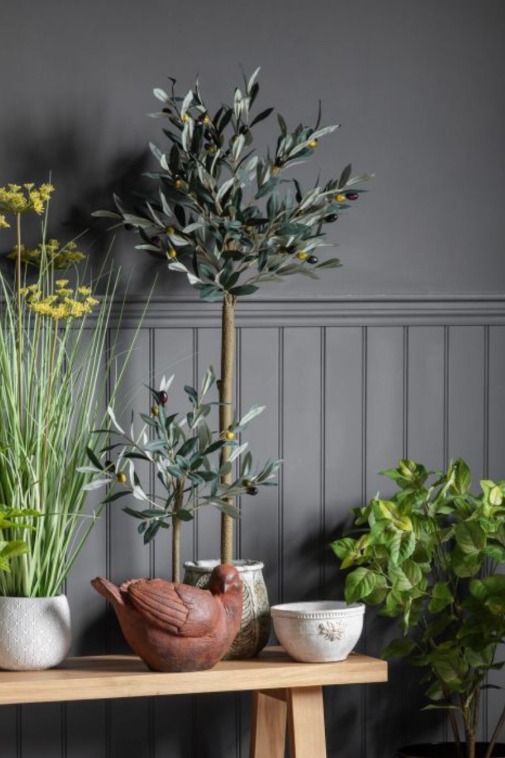 Plants on a wooden table against a dark grey wall