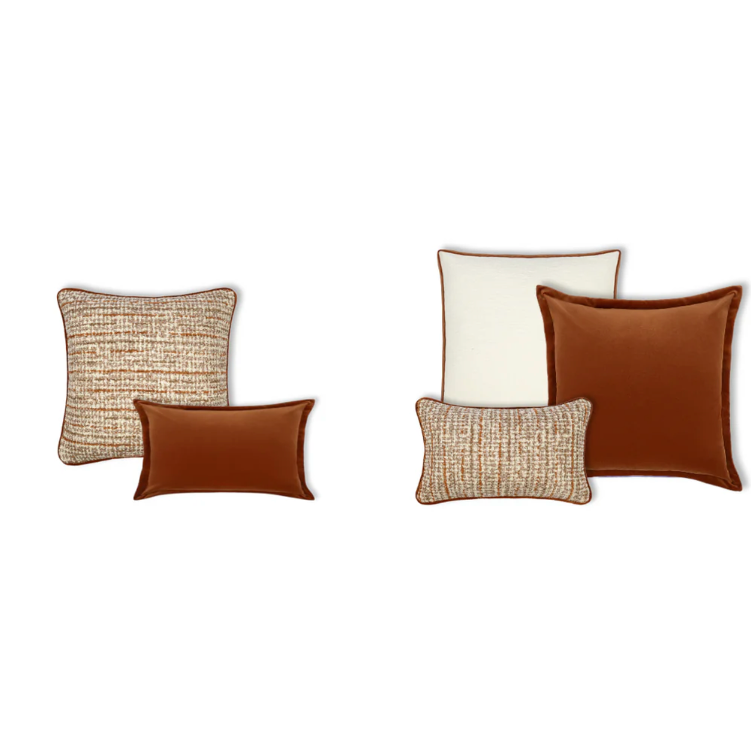 A set of five cushions in varying sizes and colors arranged in a corner sofa configuration. Colours include beige, brown, white, and orange, with textures such as bouclé and velvet.