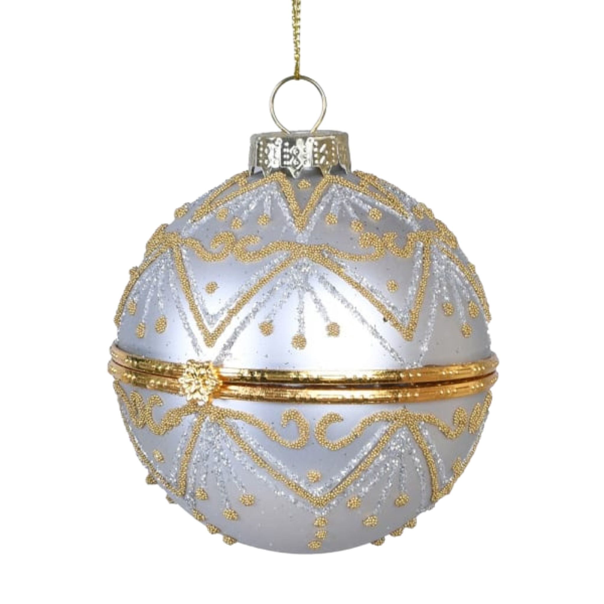 A hinged bauble in gold and silver glass that opens to hold keepsakes or gifts