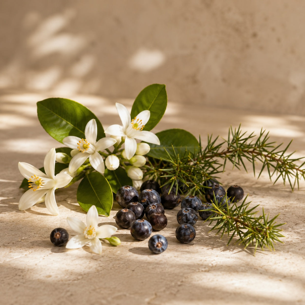 Orange blossom and juniper berries illustrating Elm & Grey Orange Blossom & Juniper fragrance notes