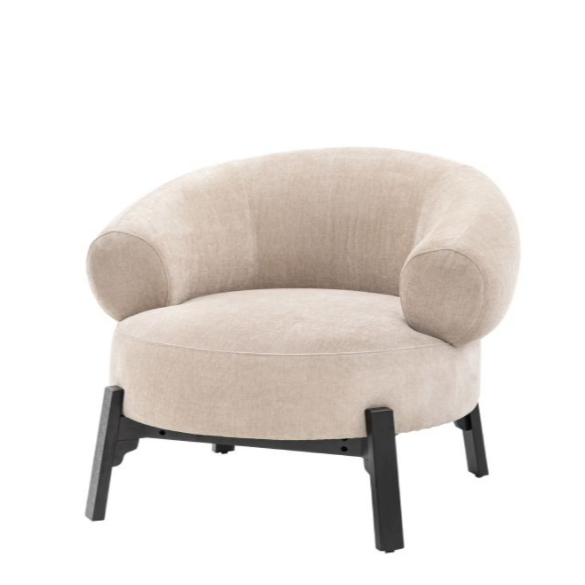 Beige Oslo curved armchair with black legs on a white background, Elm & grey