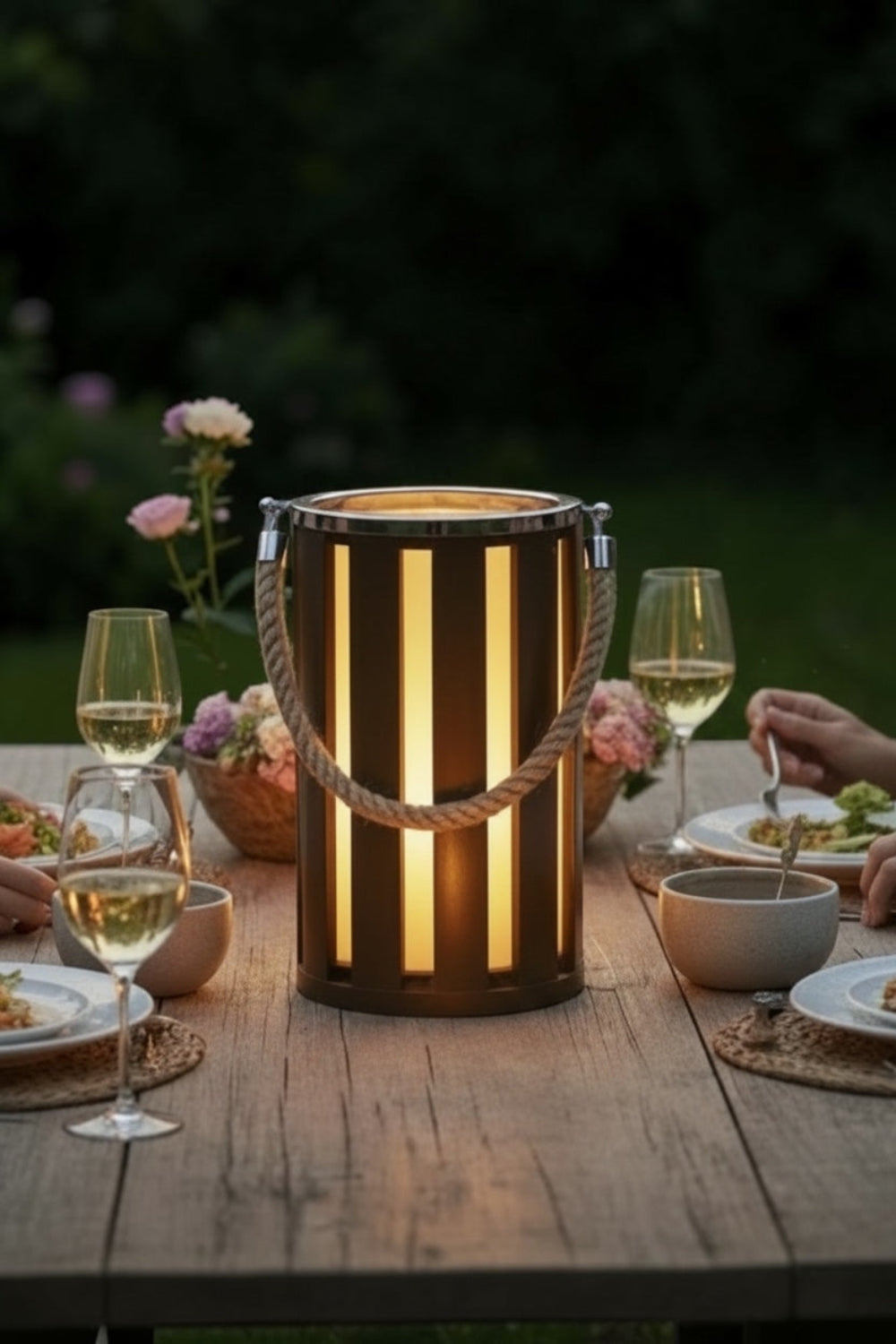 Bronze cylindrical outdoor garden lantern with rope handle and warm amber glow as a centrepiece on an al fresco dinner table with wine glasses and flowers