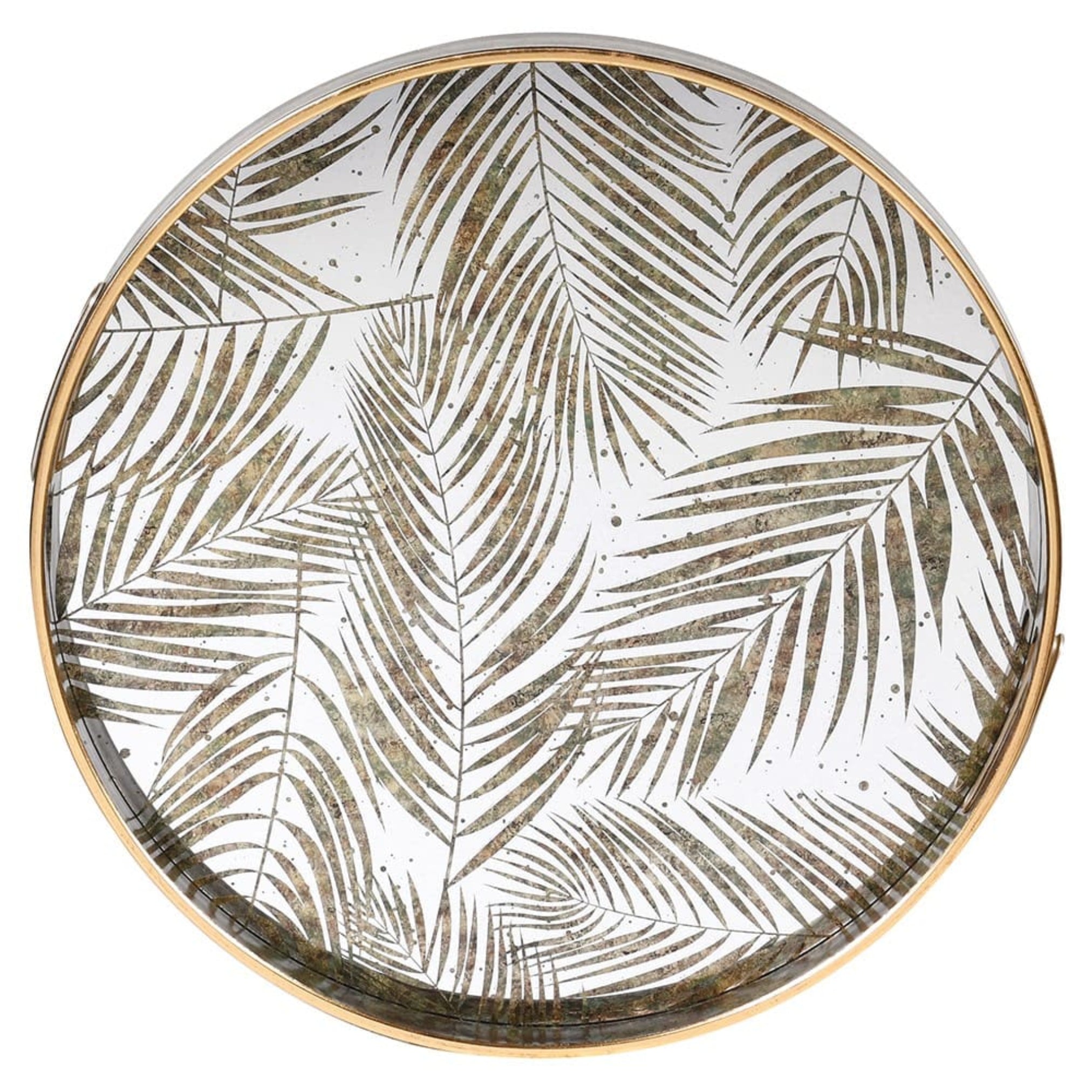 Round decorative tray with palm leaf pattern and gold rim on a white background