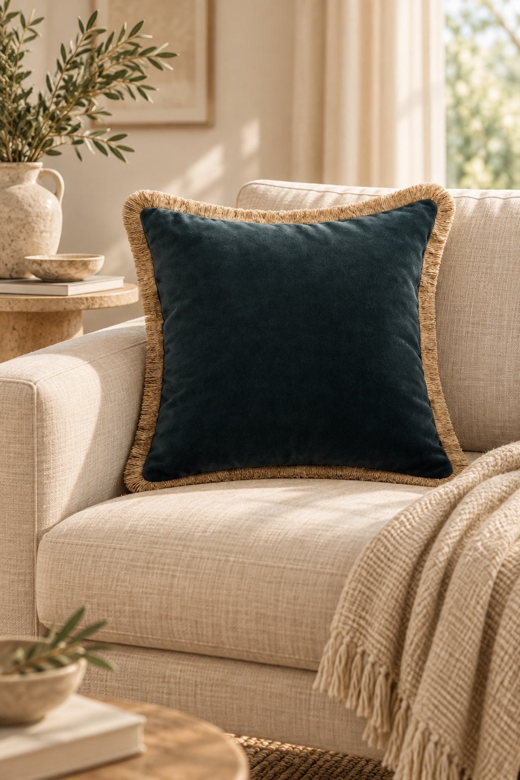 Petrol Velvet Cushion with Gold Fringe – 50cm