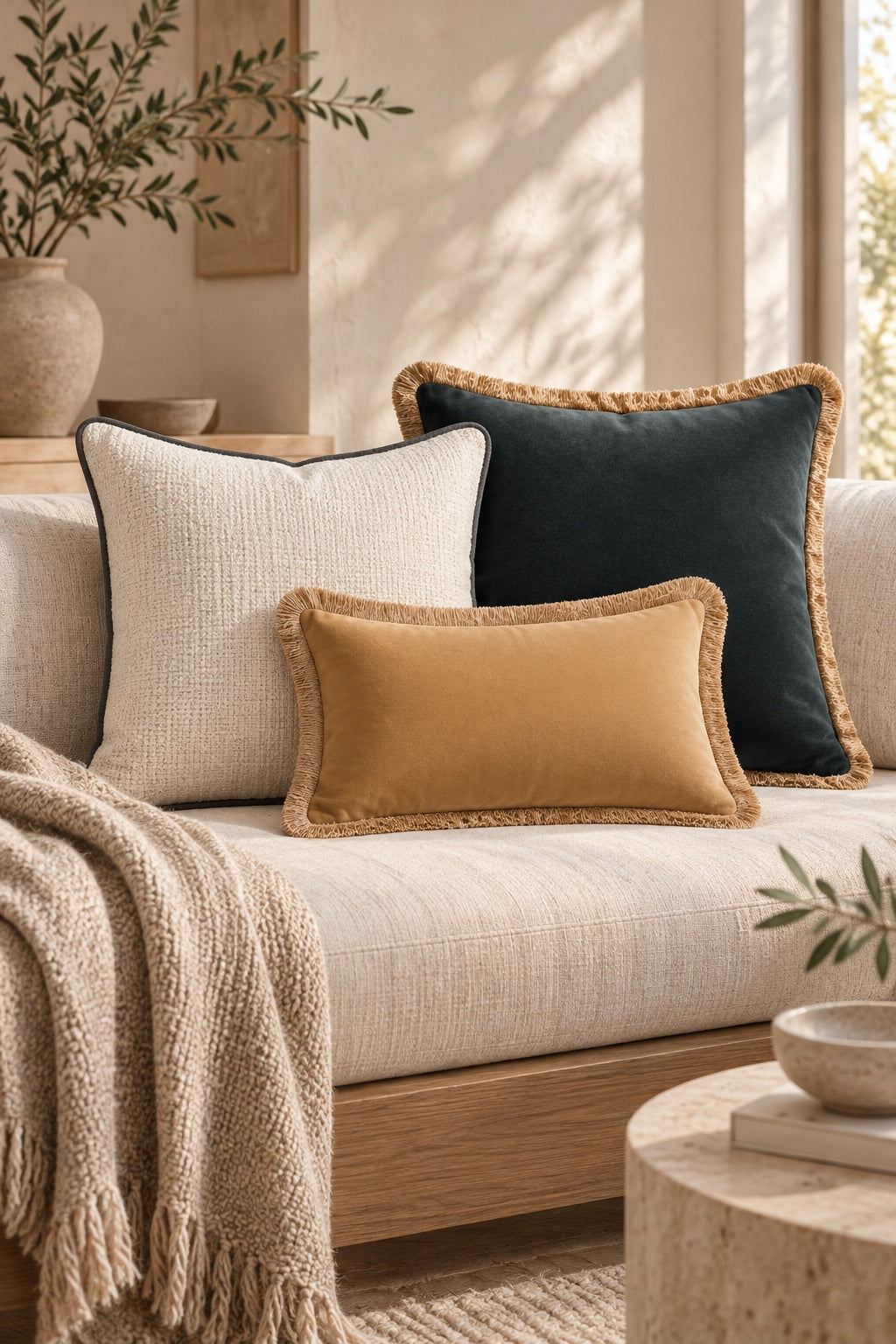 A warm, softly styled living room with a neutral sofa layered with three luxury cushions in deep petrol, soft pearl and warm amber tones, creating a calm, elegant look.