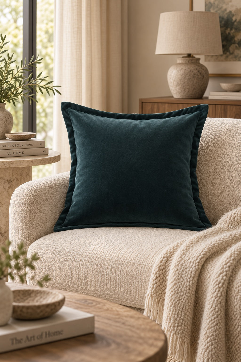 Deep petrol blue velvet cushion with cuff styling on a cream armchair in a warm neutral living room with natural wood, soft textures and greenery.
