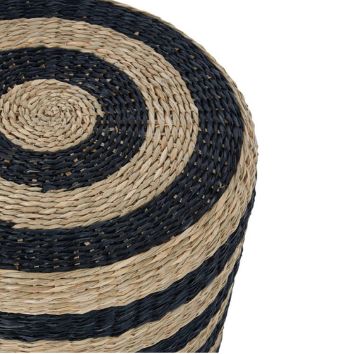 Close-up of a woven black and beige mat with concentric circles.
