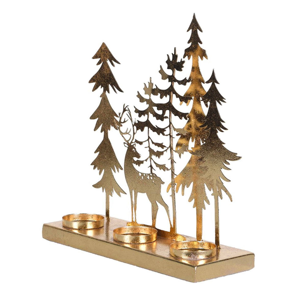 Decorative candle holder with gold trees and deer design on a white background