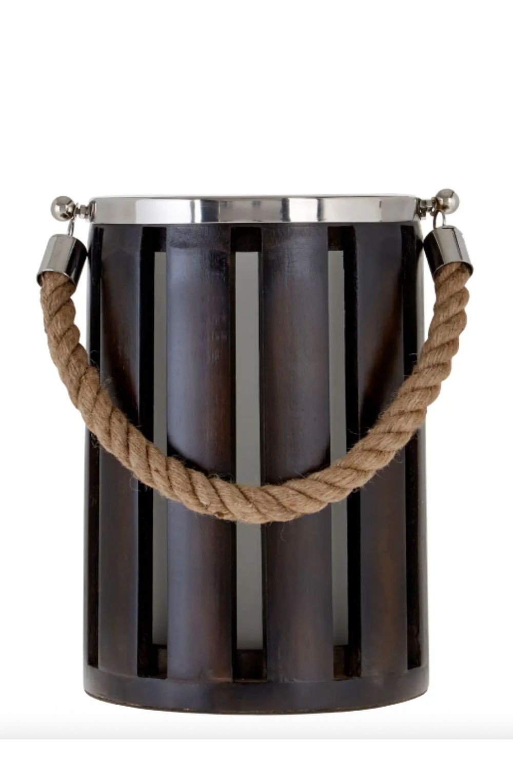 Black cylindrical hurricane with a rope handle on a white background