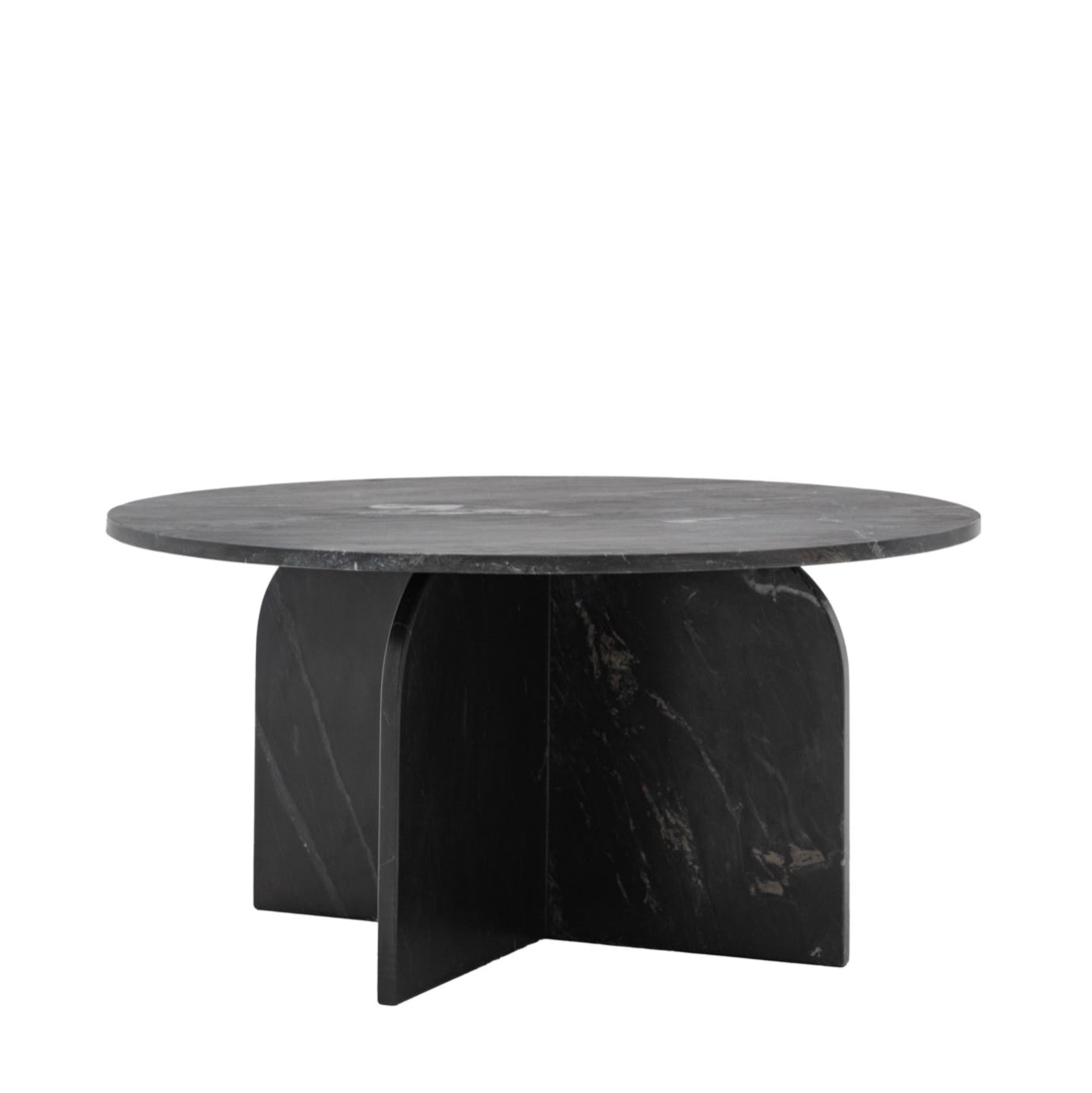 Round black marble table on a white background