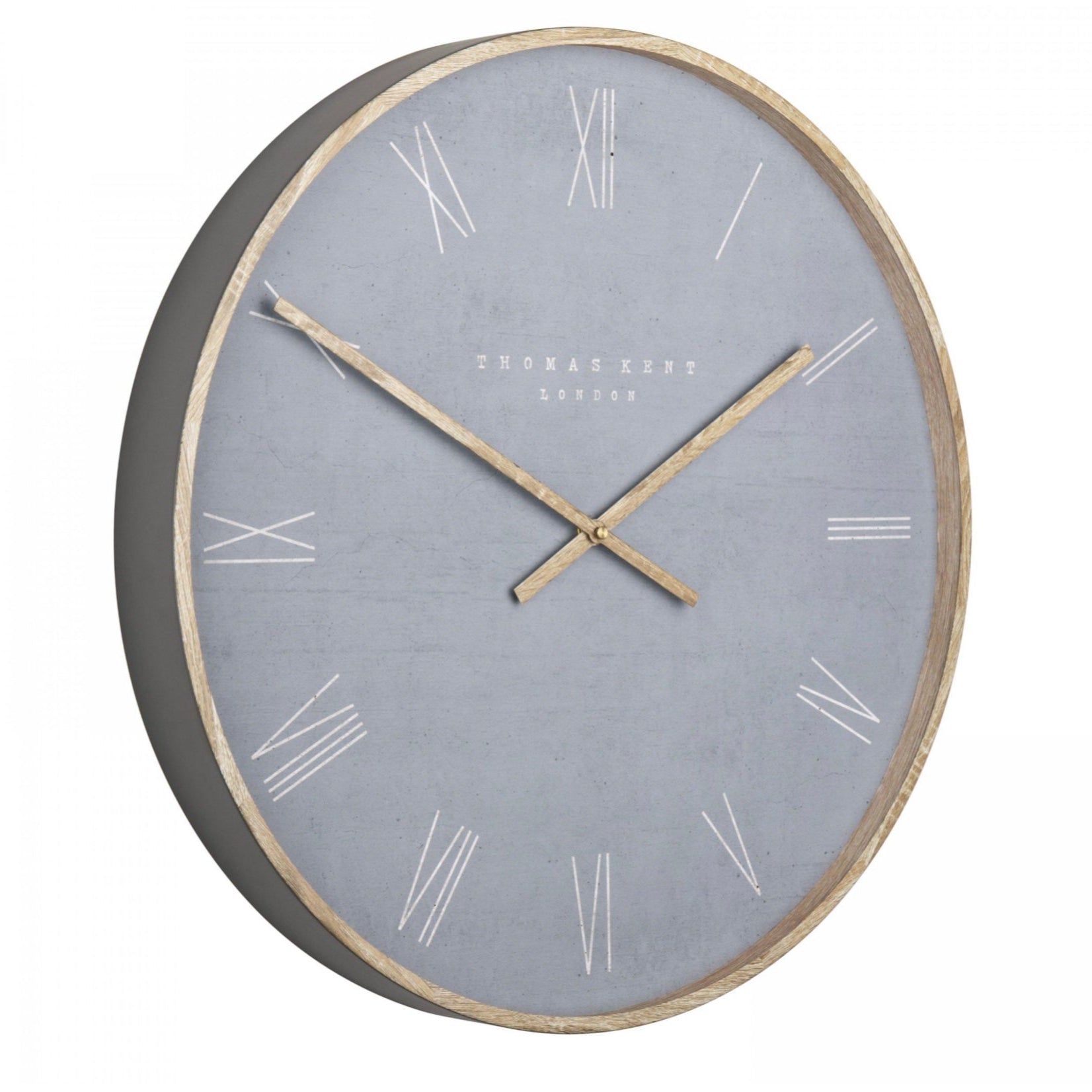 Wall clock with gray face and gold hands on a white background