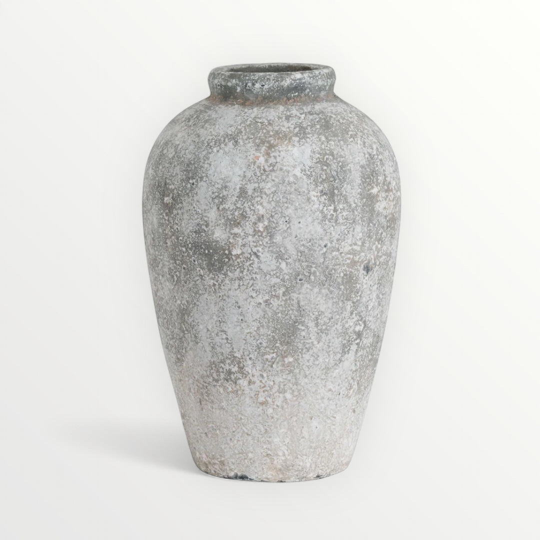 Vintage-style stone ceramic vase on a white background