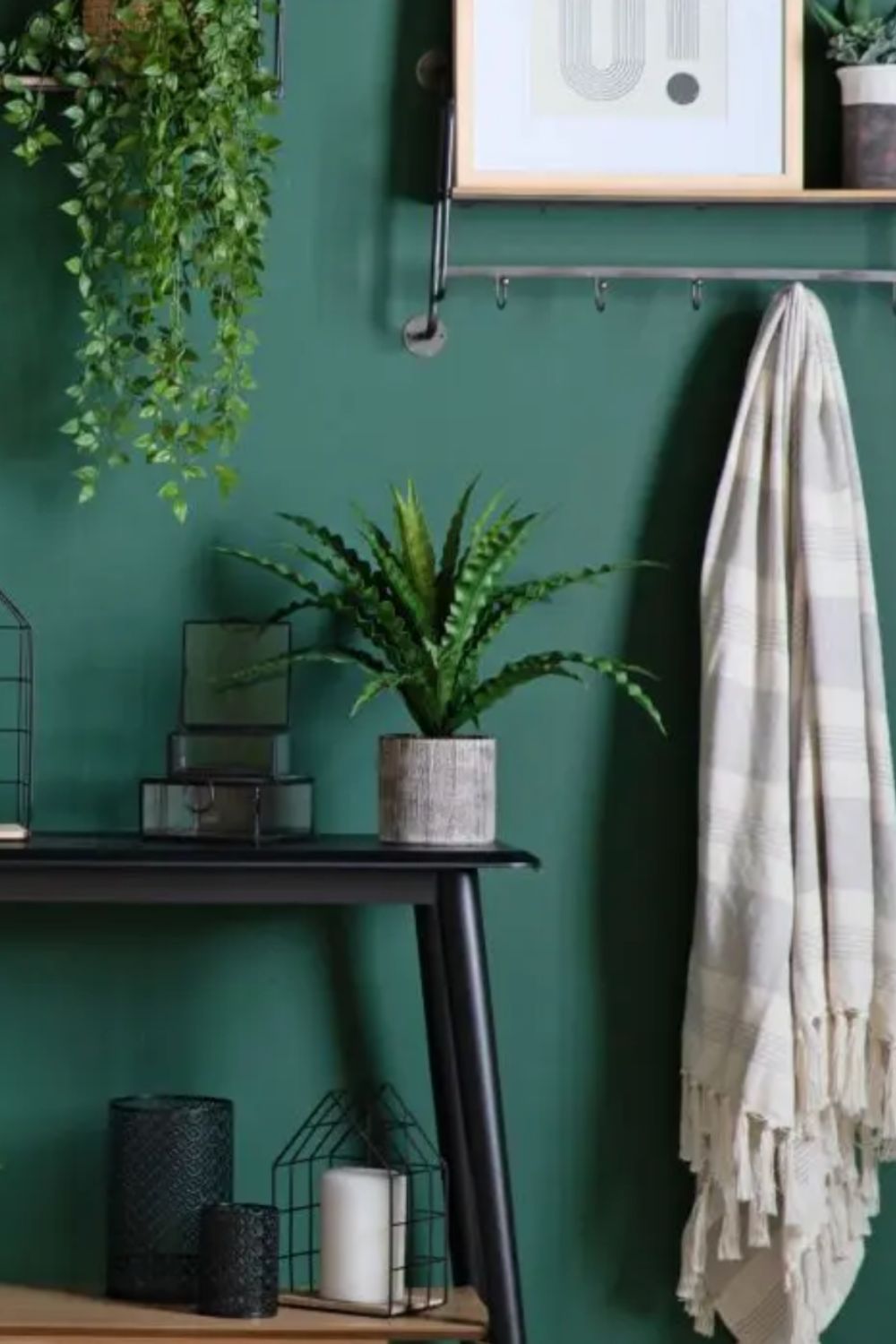 Green wall with plants, a table, and a towel hanging on a rack.