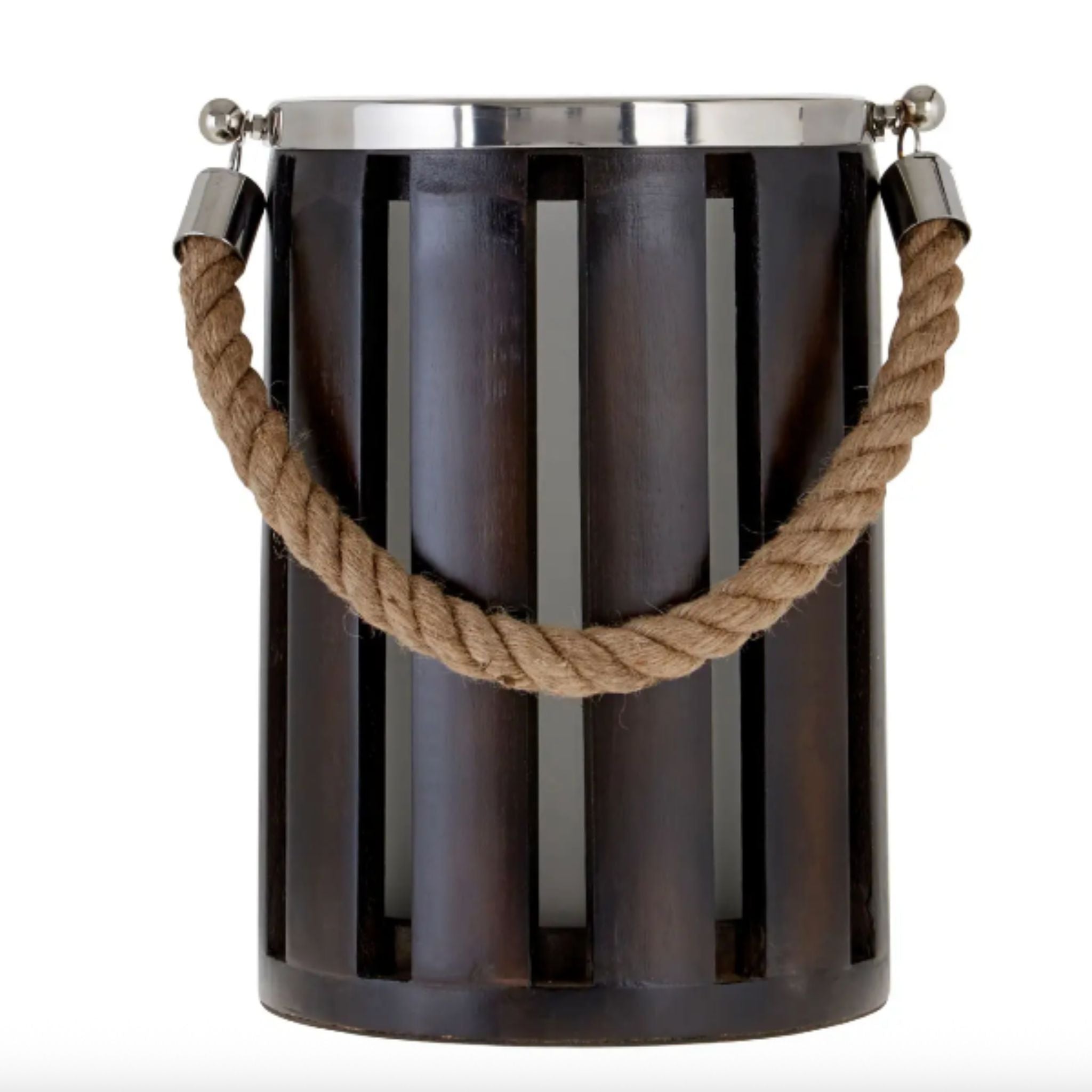 Decorative metal and walnut lantern with a rope handle on a white background