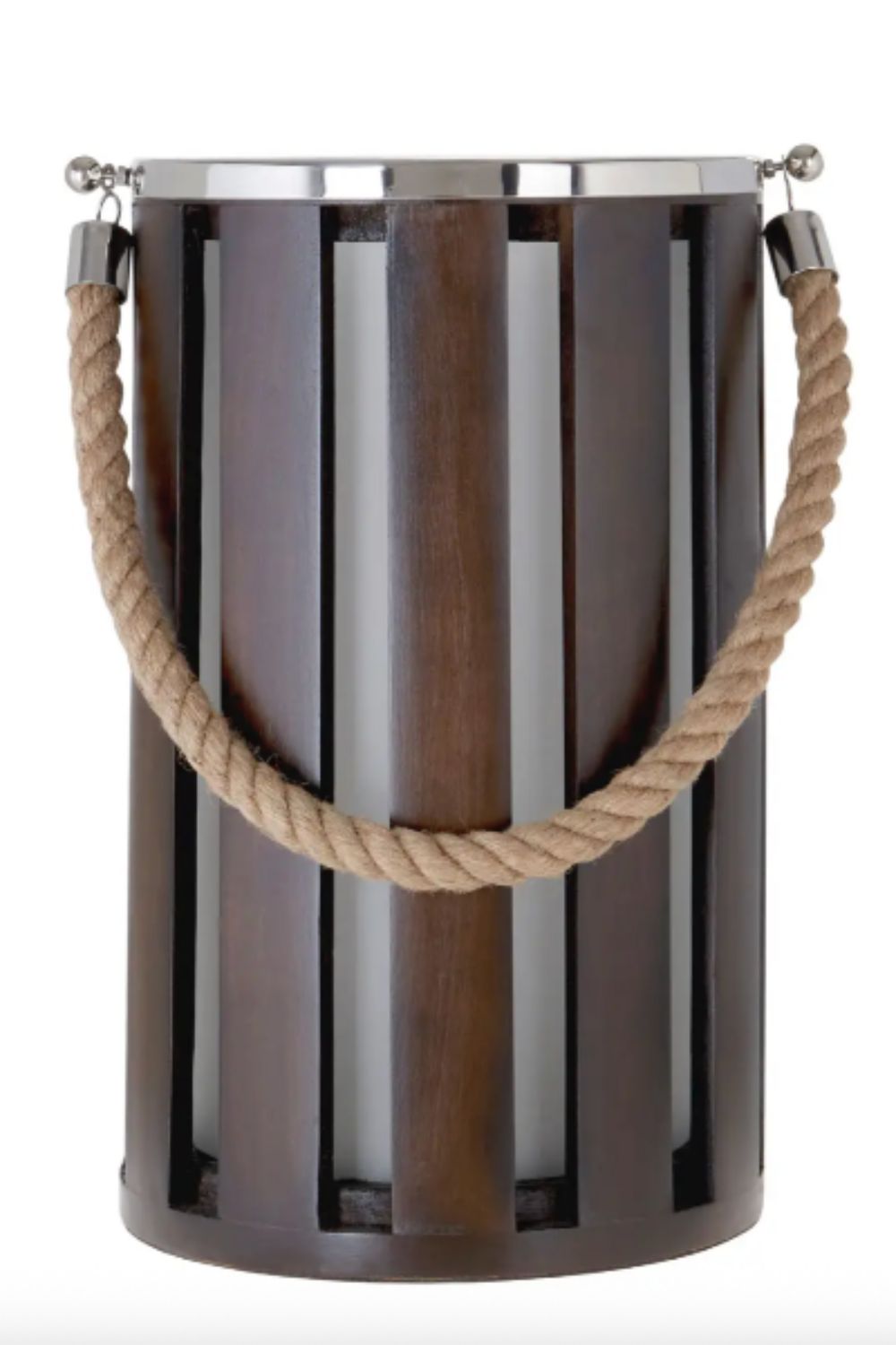 Decorative lantern with wooden and metal design on a white background