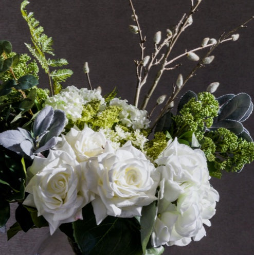Deluxe White Roses and Hydrangea Arrangement close up
