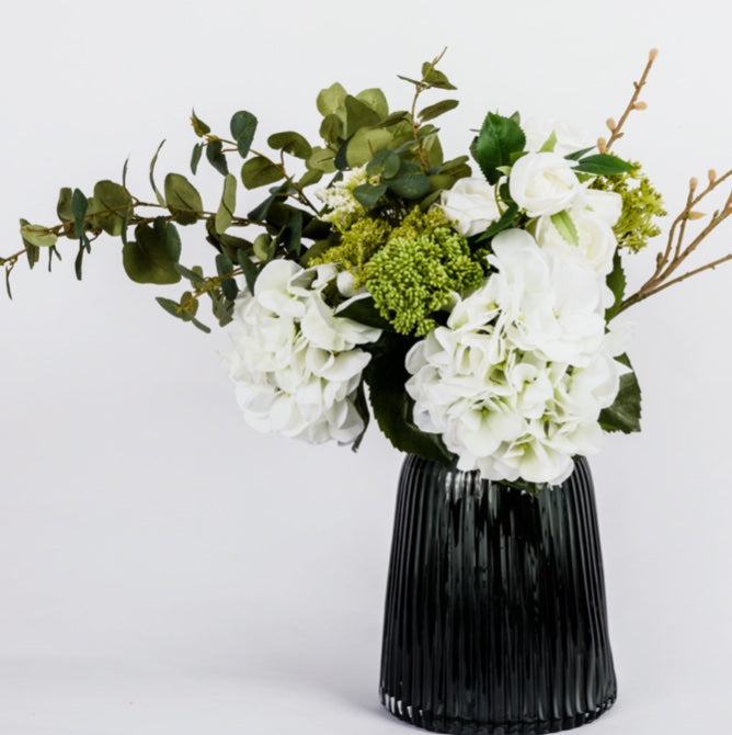 White Hydrangea Hand Tied Bouquet Arrangement in a grey ribbed vase