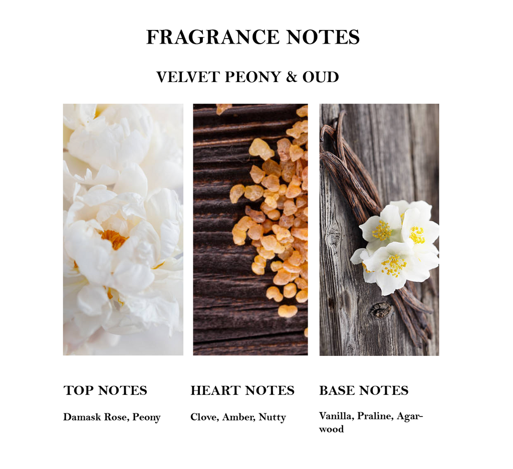 Elm & Grey Velvet Peony & Oud Fragrance Description - Top Notes Heart Notes  and Base Notes 