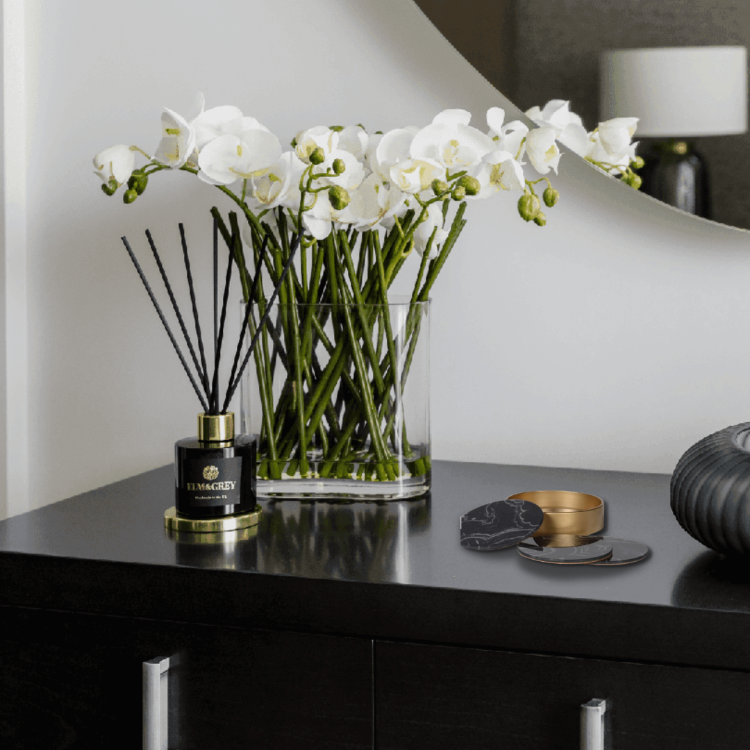 set of four coaster marble charcoal and black orchid and diffuser