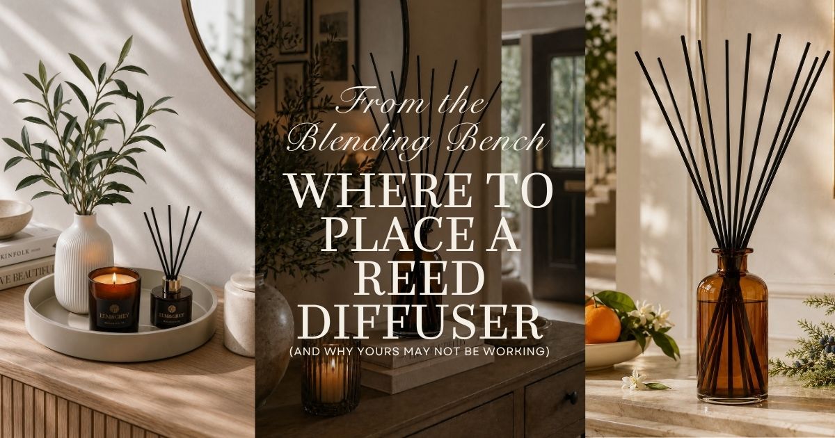 Thumbnail for Where to place a diffuser and why it might not be working includes statement diffusers and candle on round tray with olive branches in a cream vase
