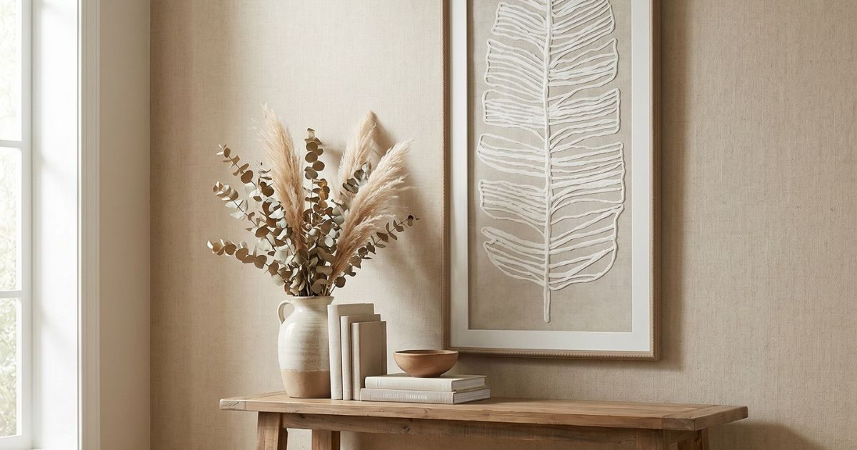 feather art on a wall above an oak console table, faux flowers and books