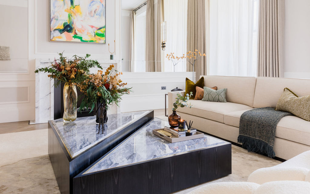 Autumnal coloured faux arrangement in a sitting room 