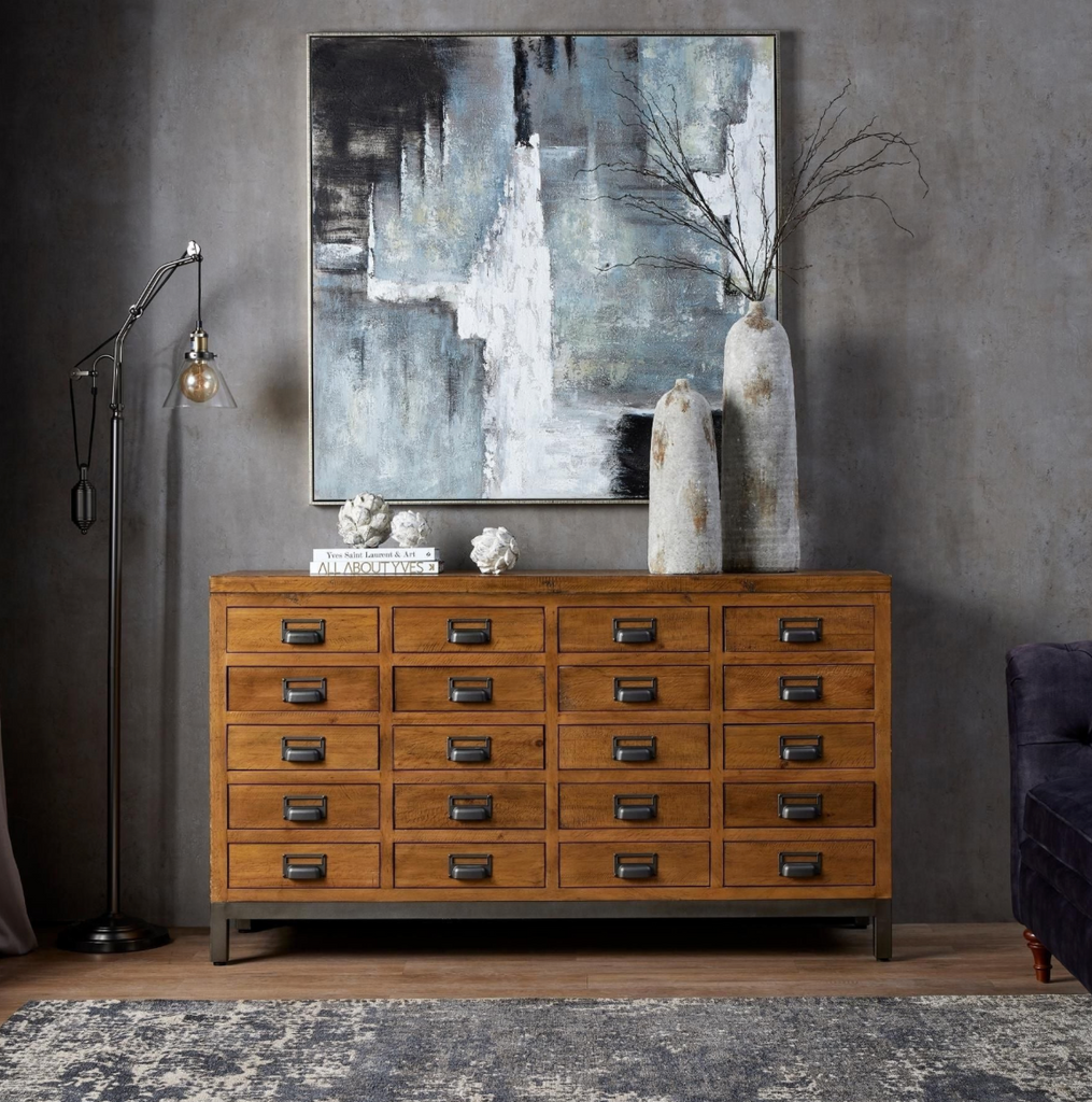 Draftsman Collection 20 Drawer Chest styled with artwork floor lamp and vases